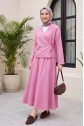 Yandan Bağlamalı Etekli Keten Görünümlü Takım -Pembe