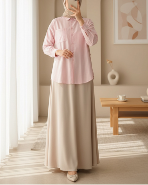 20217 Cep Detaylı Çizgili Oversize Gömlek - Bej