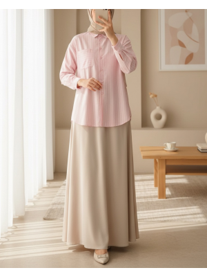 20217 Cep Detaylı Çizgili Oversize Gömlek - Bej