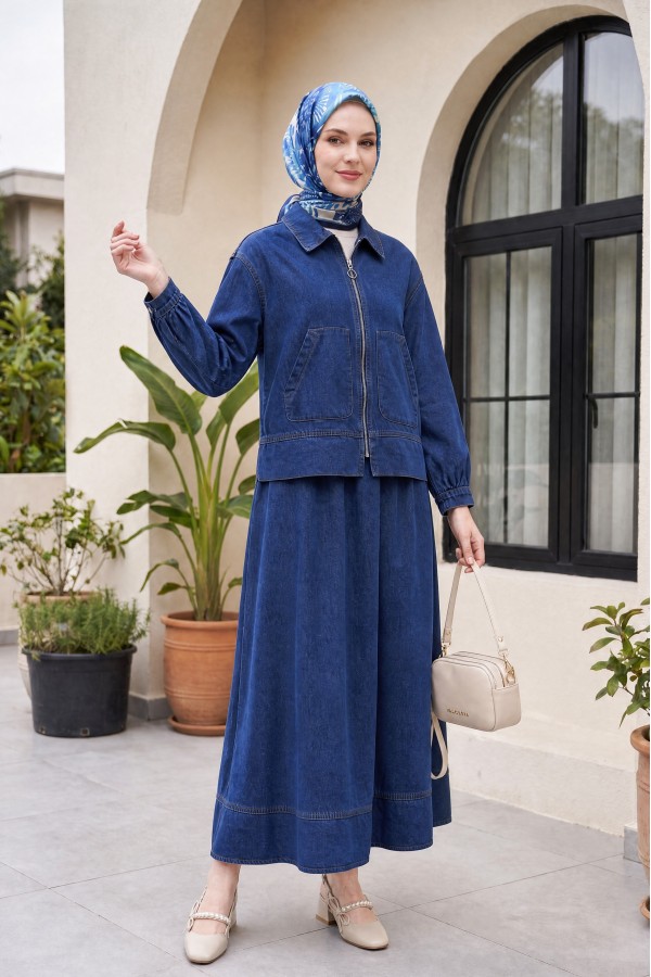 Front Zippered Double Pocket Skirted Denim Suit -İndigo