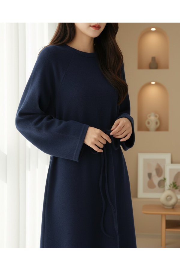 Round Neck Selanik Dress with Tie Waist -Navy blue