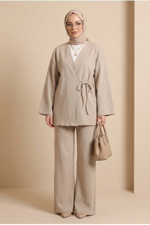 Çapraz Bağlamalı Selanik Kimono Takım -Bej
