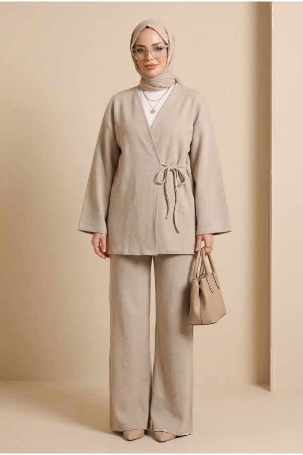 Çapraz Bağlamalı Selanik Kimono Takım -Bej