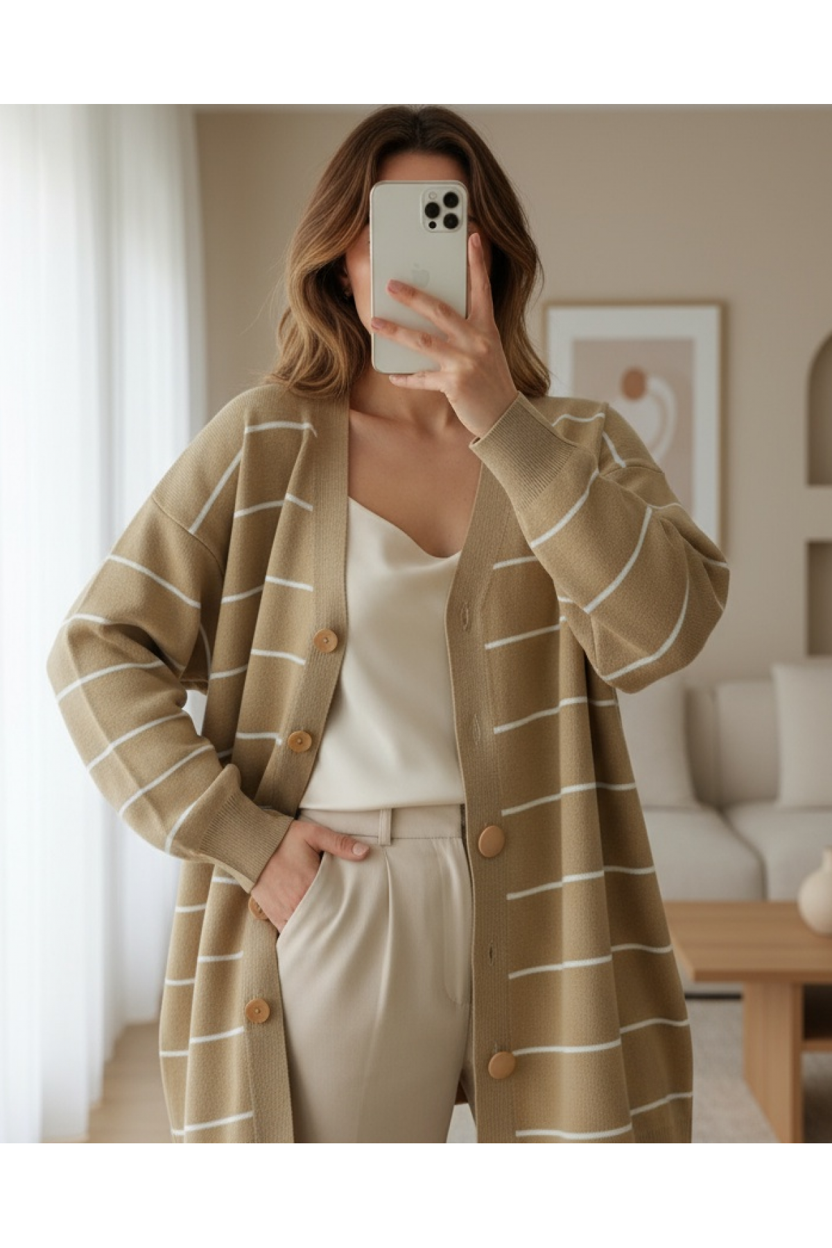 Buttoned Long Knitwear Cardigan -Mink color