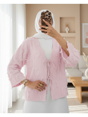 Önü Bağlamalı Püskül Detaylı Kimono  -Pudra