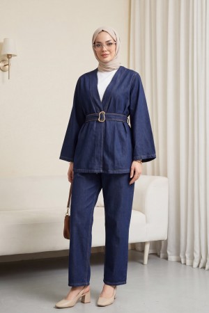 Beli Kemerli Pantolonlu Kot Kimono Takım -K.Laci