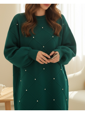 Taş Detaylı Kare Desenli Triko Tunik -Zümrüt