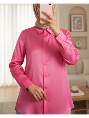 3964 Hafif Dökümlü Saten Gömlek - Fuşya