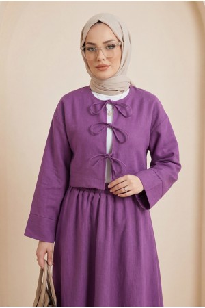 Önü Bağcıklı Beli Lastikli Etekli Keten Takım        -Mor