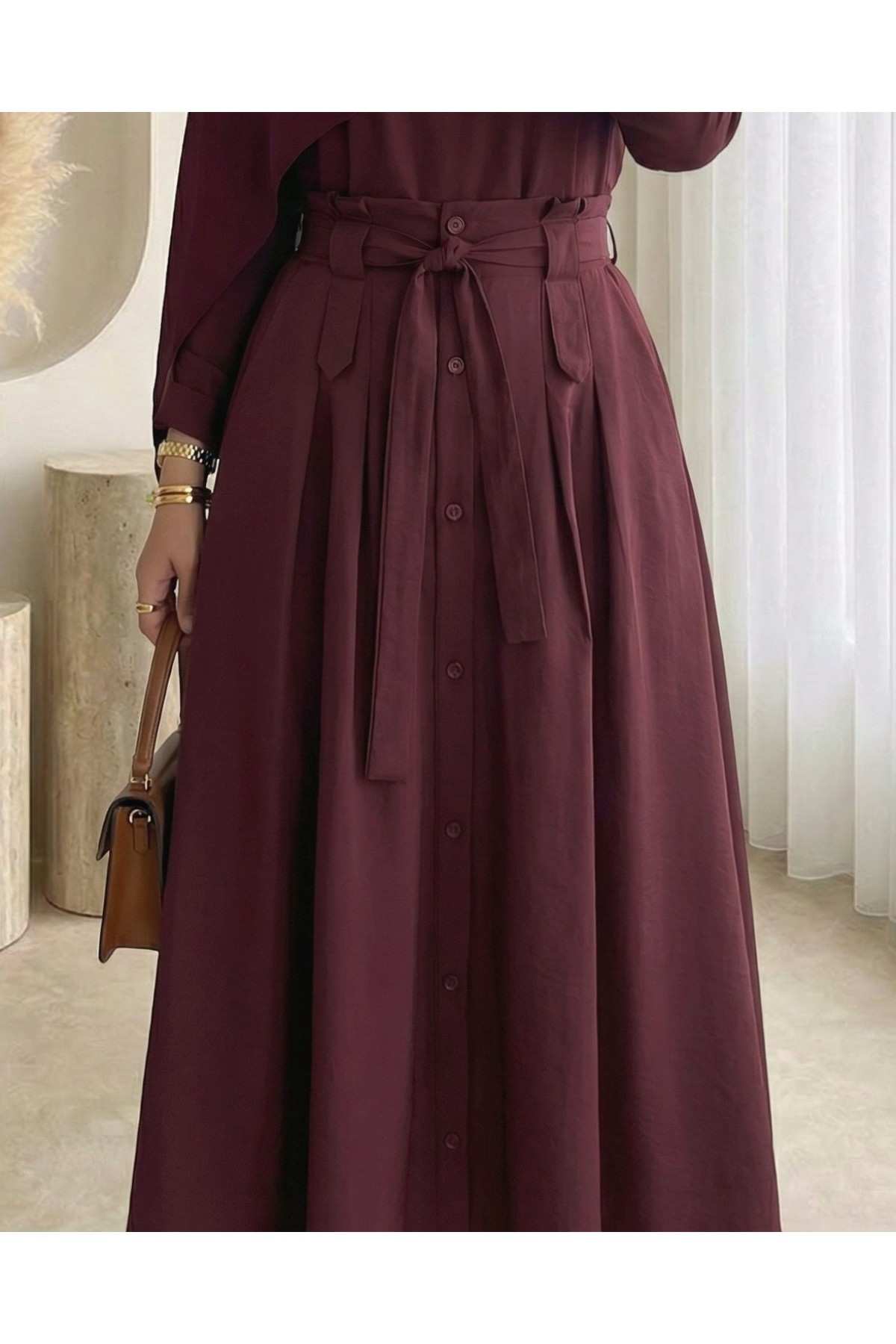 Button-front, lace-up parachute skirt -Damson