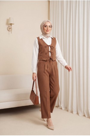 Önü Bağlamalı Yelek Pantolon İkili Takım    -Taba