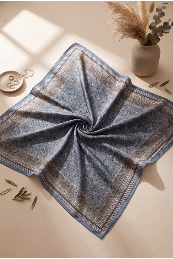 Baroque Pattern Cotton Scarf -İndigo