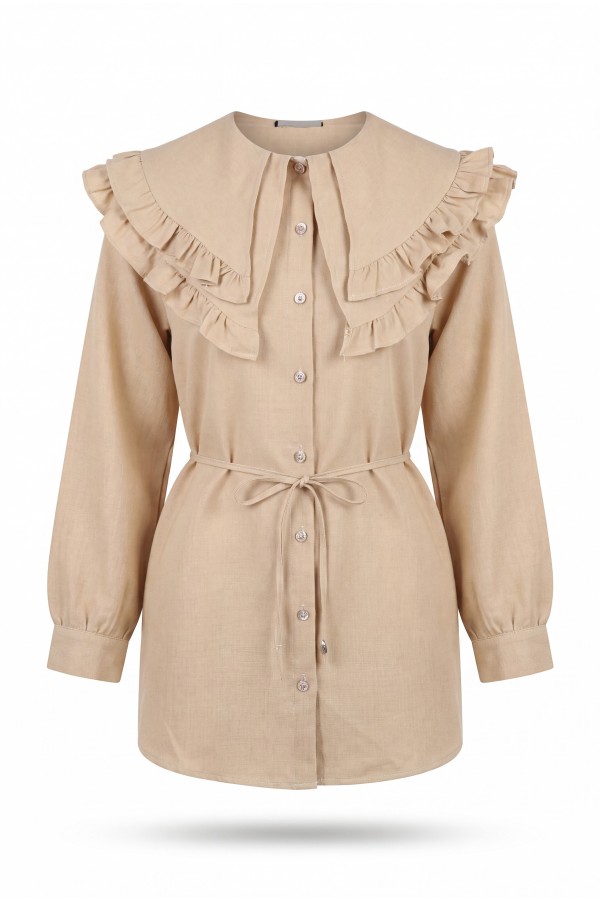 Linen Tunic with Double Layer Ruffled Collar, Buttoned Waist, and Drawstring -Light Mink