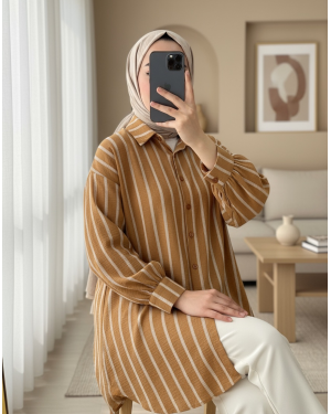 Button Down Long Back Striped Shirt -Cinnamon