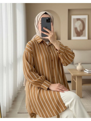 Boydan Düğmeli Arkası Uzun Çizgili Gömlek -Tarçın