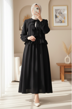 Önü Bağcıklı Kolu Lastikli Etekli Takım -Siyah