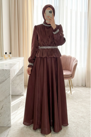 Beli Volan Detaylı Taşlı Janjan Saten Abiye -G.Kurusu