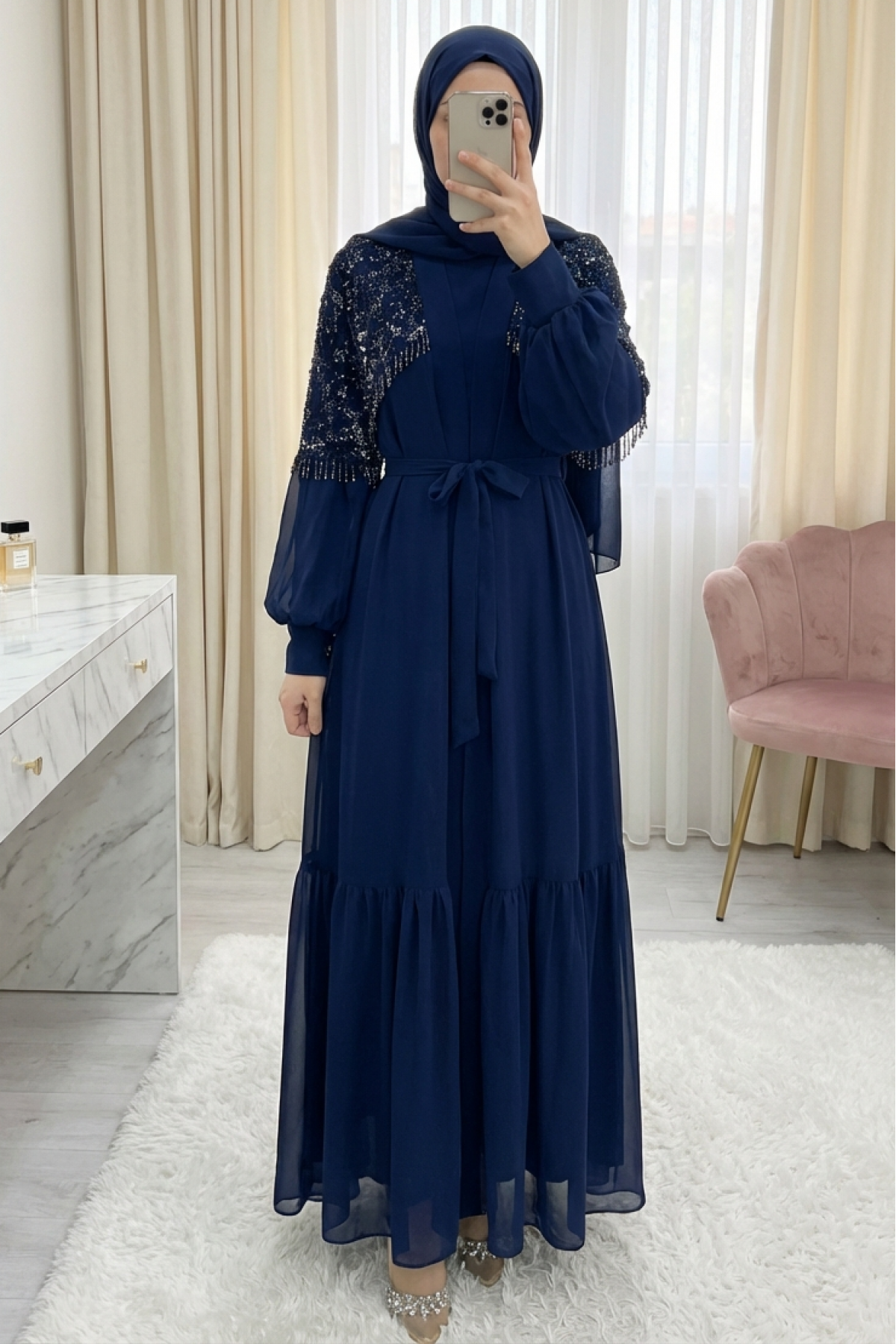 Kesme Boncuklu Kemerli İkili Abaya Takım -Laci