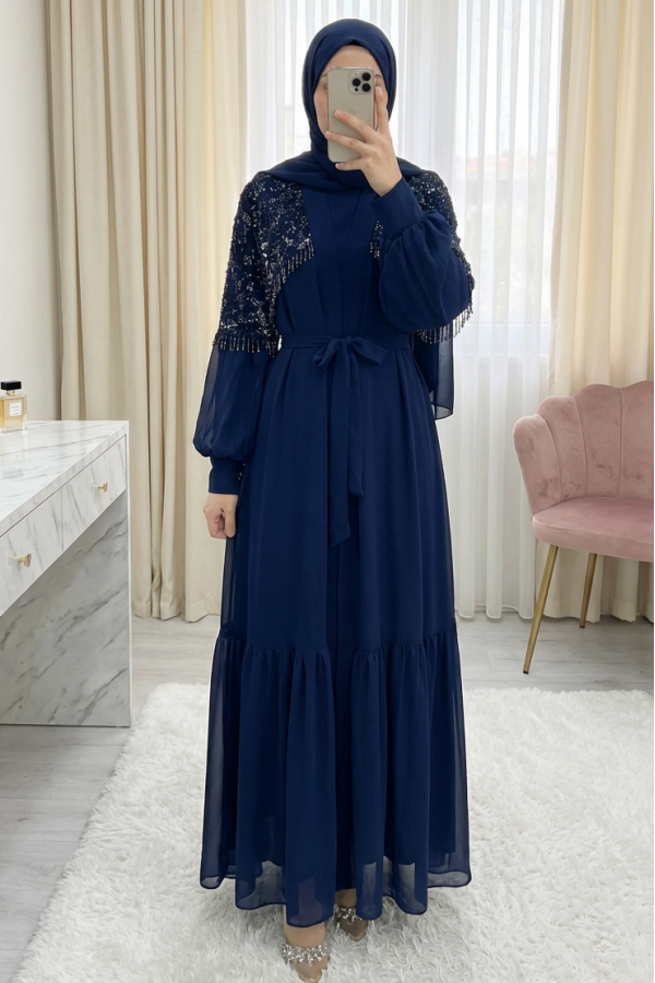 Two-Piece Abaya Set with Cut Beads and Belt -Navy blue