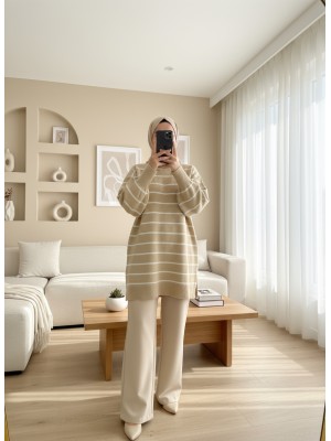 İnce Çizgili Yırtmaçlı Triko Tunik -Vizon