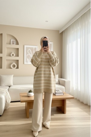 İnce Çizgili Yırtmaçlı Triko Tunik -Vizon