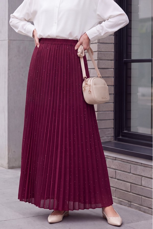 Taşlı Pliseli  Etek -Bordo