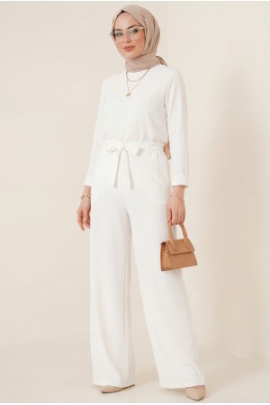 Duble Kumaş Beli Kuşaklı Bol Paça Pantolon  -Beyaz