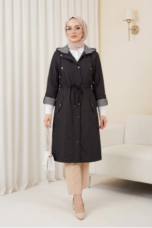 Astarı Çizgili Trençkot    -Siyah