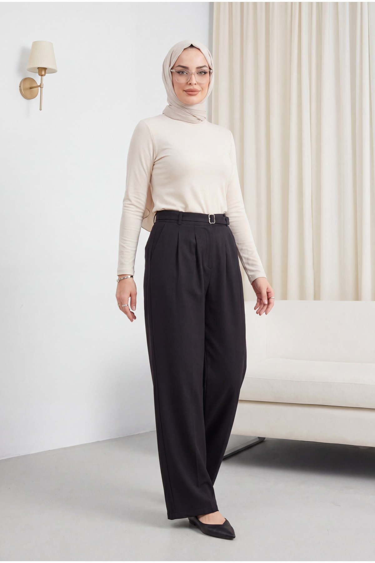 Elastic Waist Belt Detailed Tencel Cupra Trousers -Black