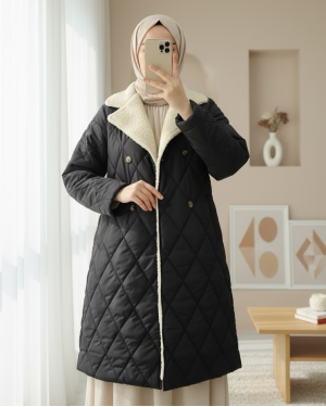 Lamb Plush Detailed Detailed Waist Laced Coat -Black