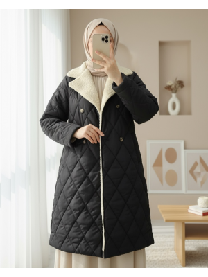 Lamb Plush Detailed Detailed Waist Laced Coat -Black