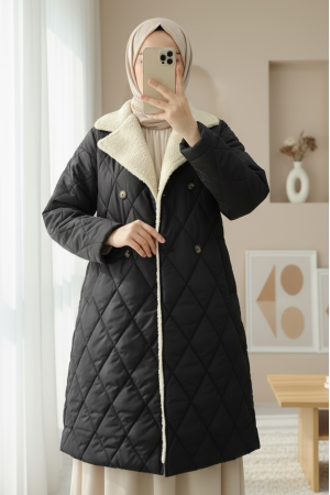 Lamb Plush Detailed Detailed Waist Laced Coat -Black