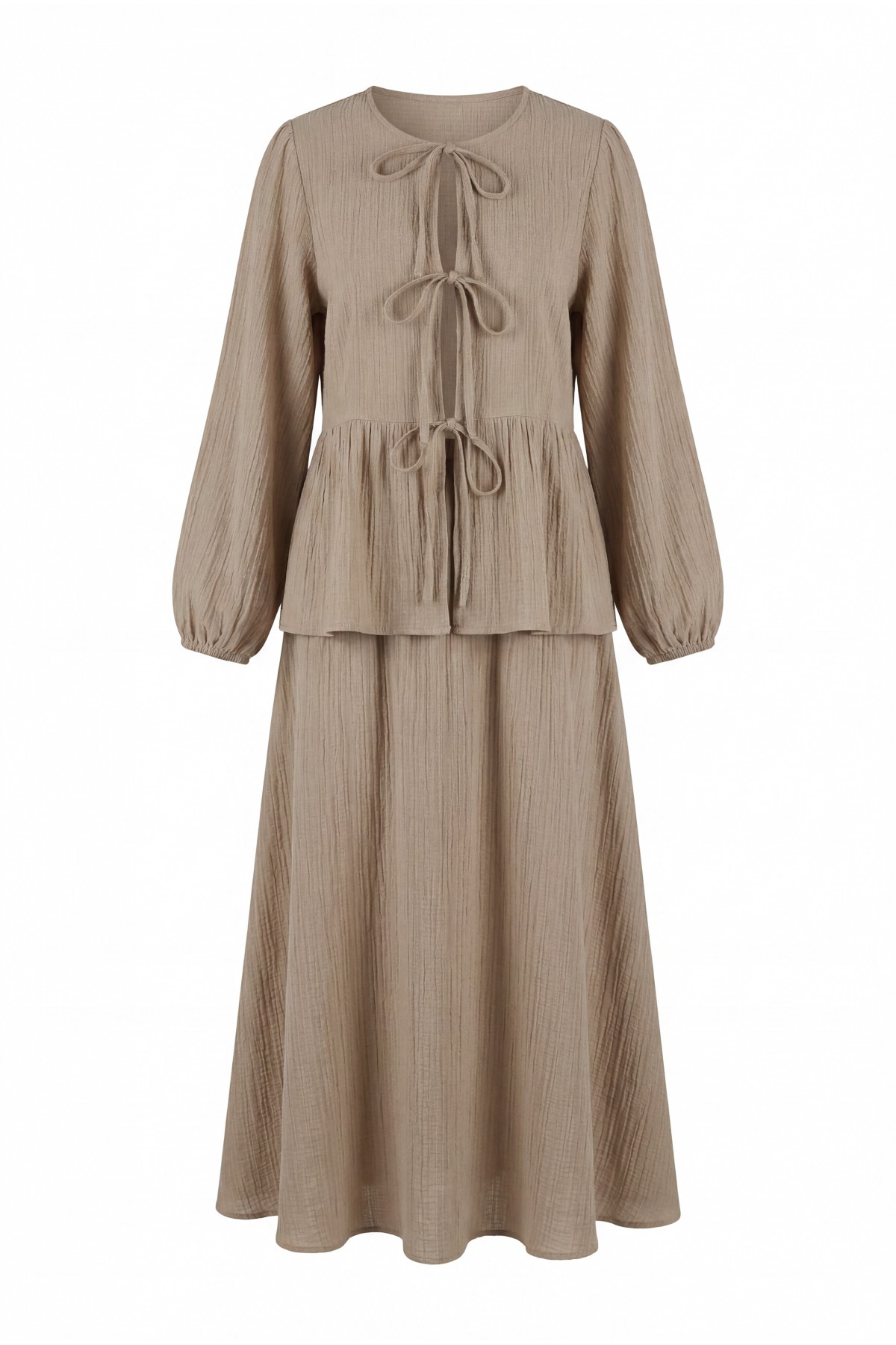 Front-tie, elasticated sleeve, crinkle kimono set with skirt. -Mink color