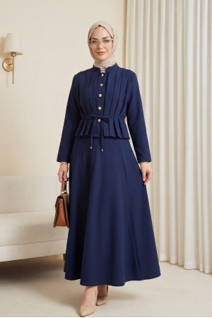 Önü Pileli Ve Düğmeli Beli Bağlamalı Etekli Krep Takım  -Laci