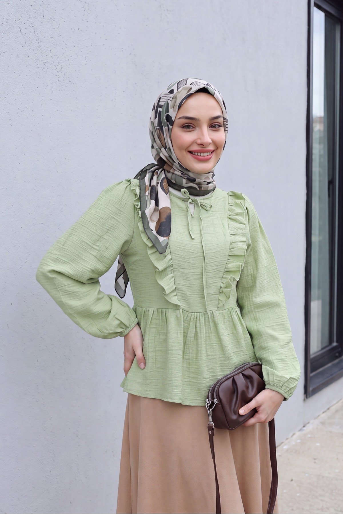 Crinkle Blouse with Tie-Neck Ruffled Front and Elasticated Cuffs -Cagla Green