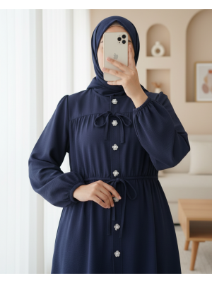 Shirt with Stoned Buttoned Sleeves and Elasticated Tie Detail -Navy blue