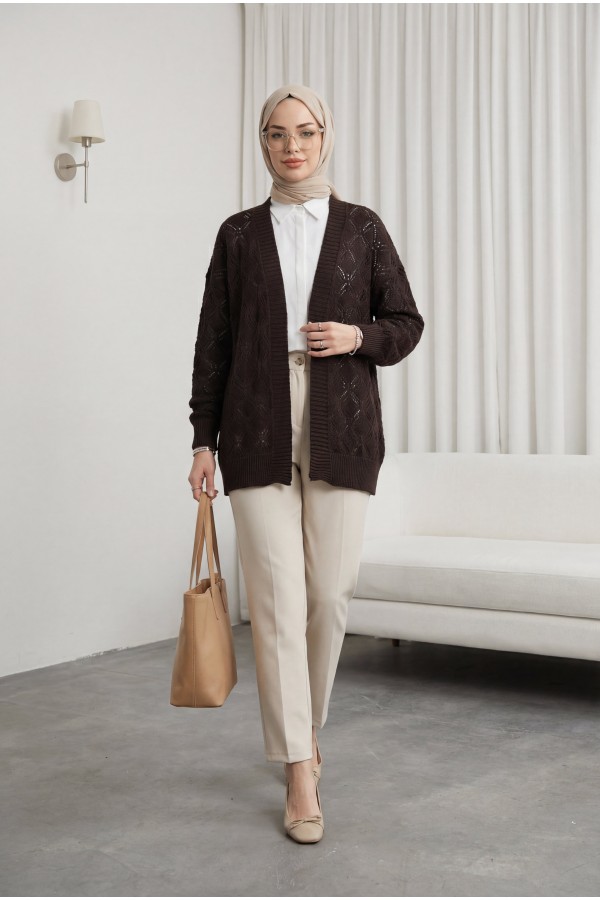 Patterned Mid-Length Knitted Cardigan -Brown