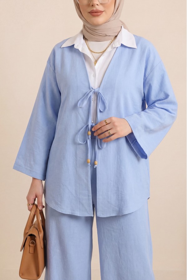 Kimono Set with Double Front Tie and Trousers -Baby Blue