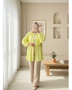 Beli Bağlamalı Bolero Detaylı Taşlı Düğmeli Gömlek -Sarı