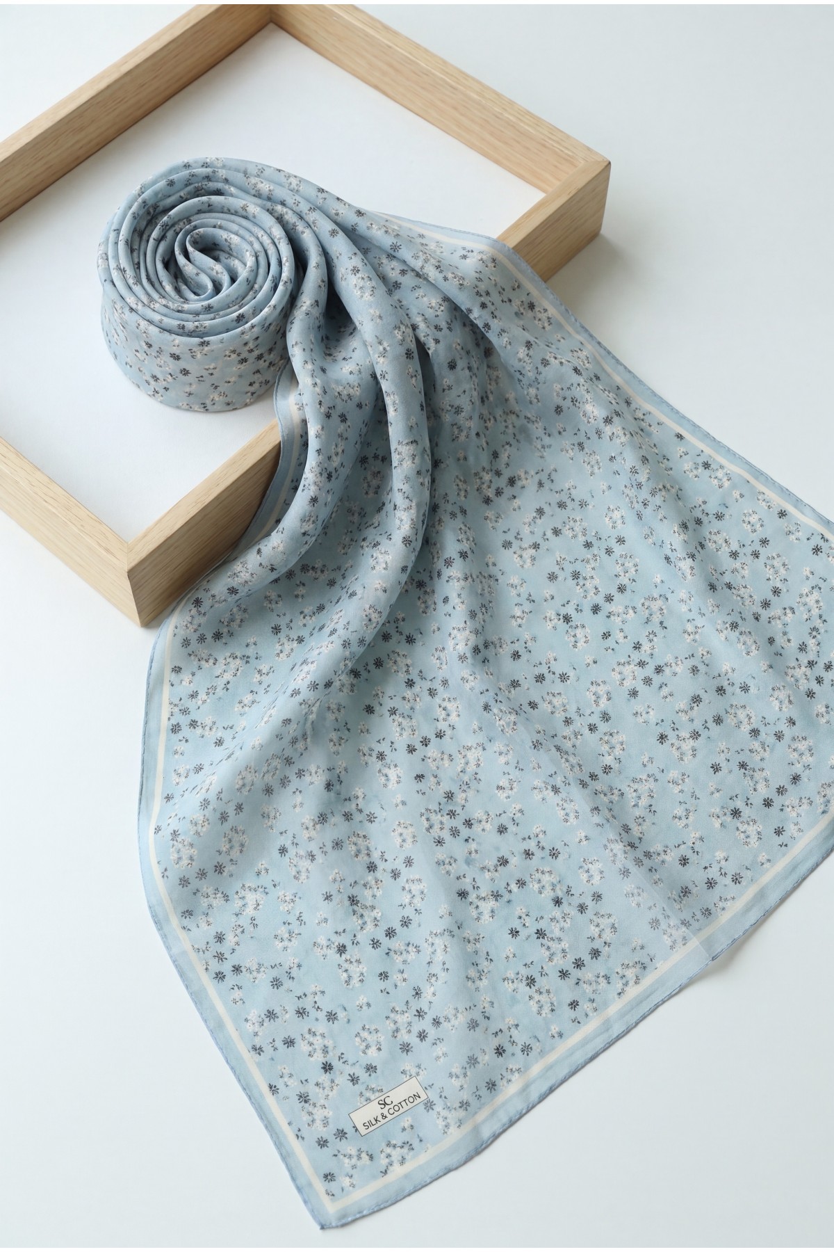 Crisp Floral Patterned Voile Scarf -Ice Blue