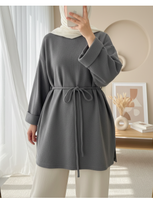 Selanik Tunic with Folded Sleeves and Tied Waist and Slit -Grey