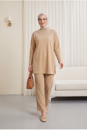 Judge Collar Front Stone Detailed Trousers Suit  -Mink color