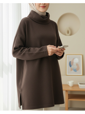 Balıkçı Yaka Yırtmaçlı Selanik Tunik  -Toprak