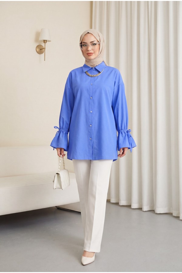 Shirt with gathered sleeves and pleated back -İndigo