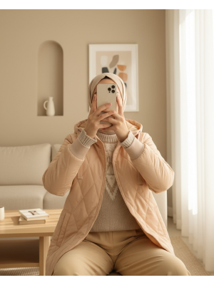 5138 Kapitone Uzun Şişme Mont - Bej