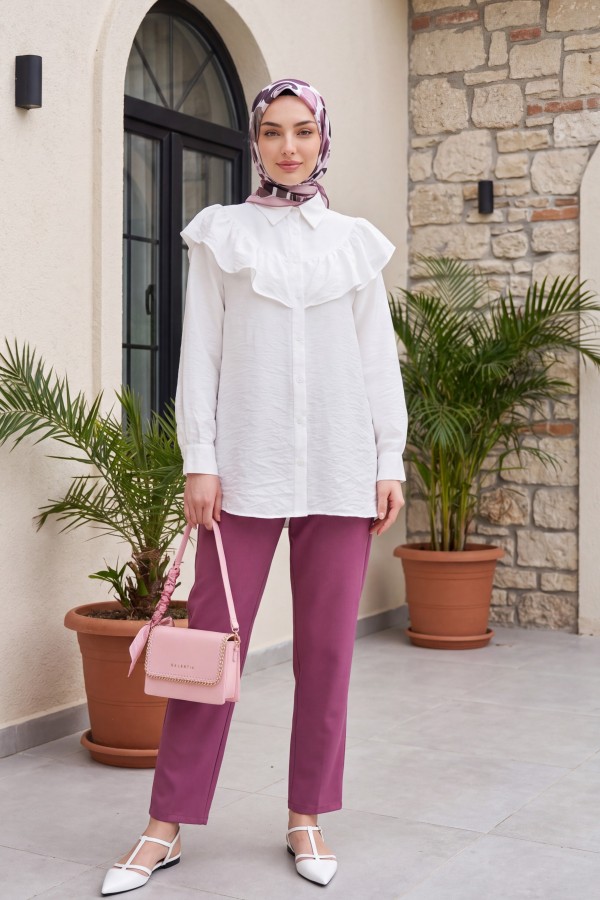 Double Pocket Elastic Waist Lace Detail Trousers  -Pink