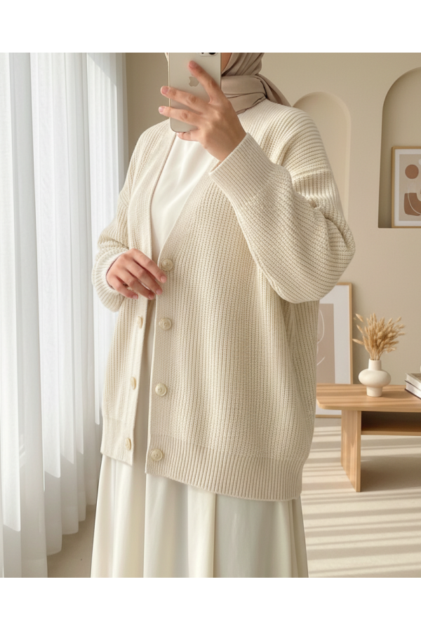 Gold Buttoned Casual Knit Cardigan -Cream color