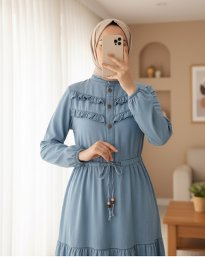Half Buttoned Front Frilly Pieced Jeans Dress -Blue