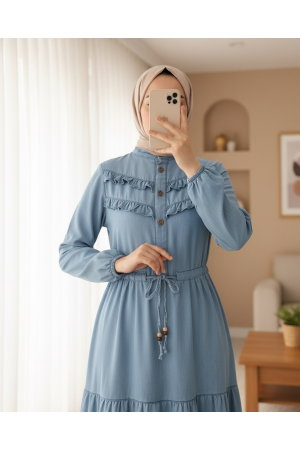 Half Buttoned Front Frilly Pieced Jeans Dress -Blue