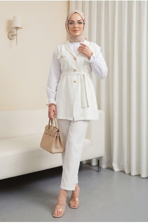 Sıfır Kol Önü Düğmeli Beli Kemerli Üçlü Takım  -Ekru